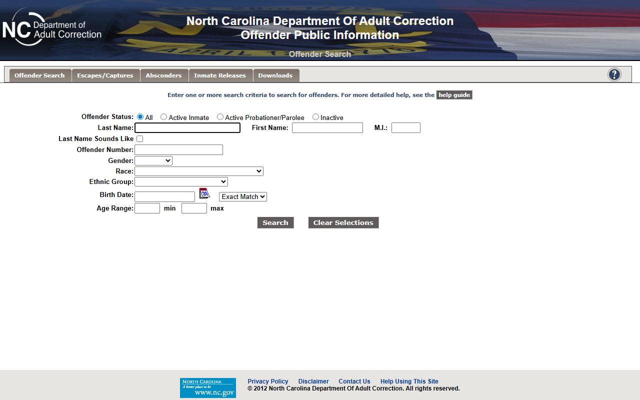 NC DAC offender search fields for Union County state prison inmate records