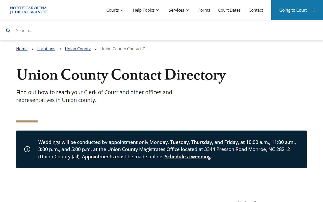 Union County court contact directory for court records after a jail arrest