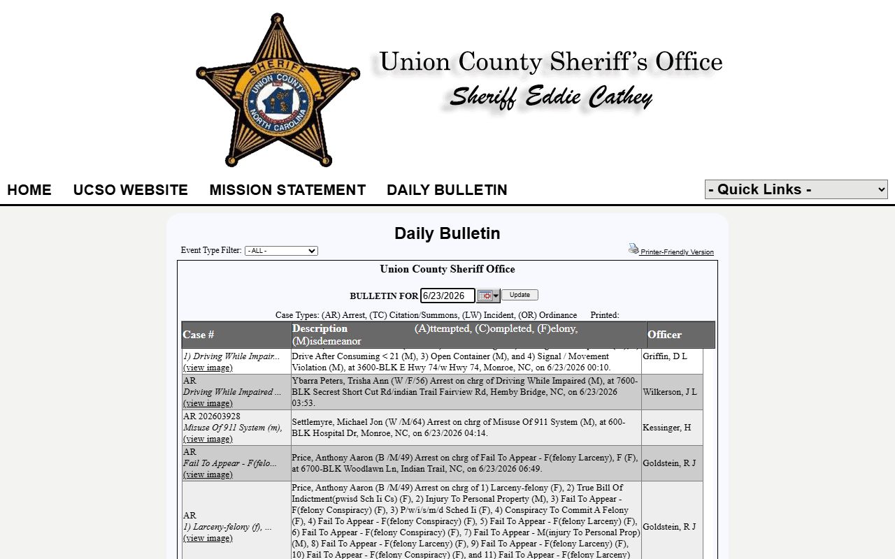 Union County P2C Daily Bulletin arrest records not a mugshot gallery