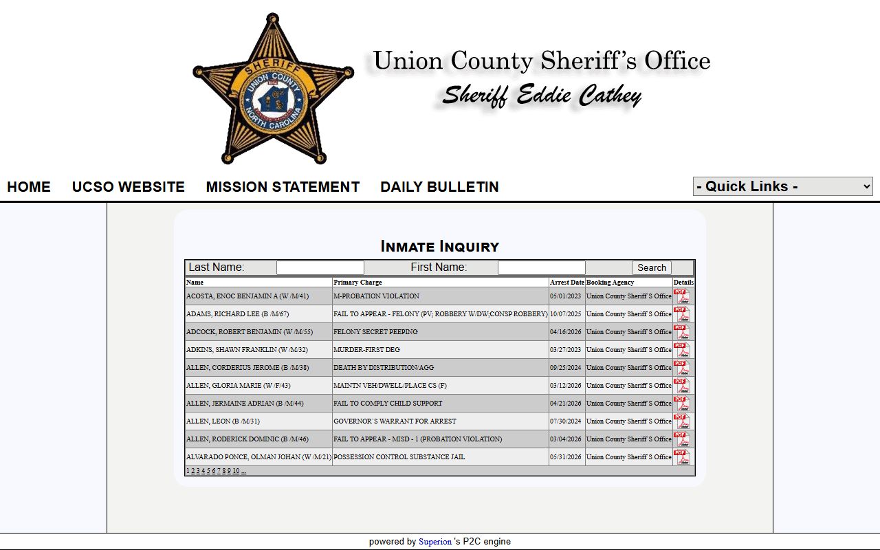 Union County inmate population roster search fields on P2C Inmate Inquiry
