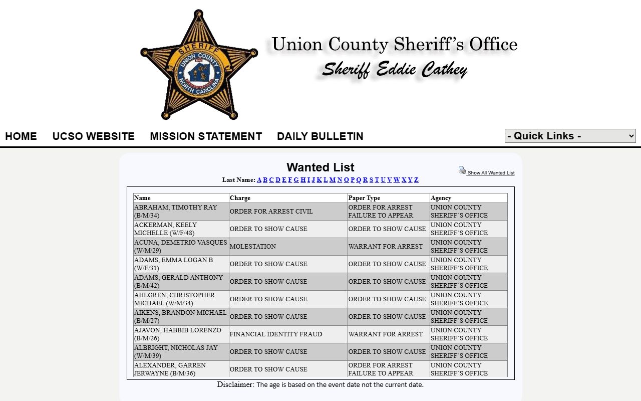 Union County P2C wanted list for warrants connected to court records after arrest